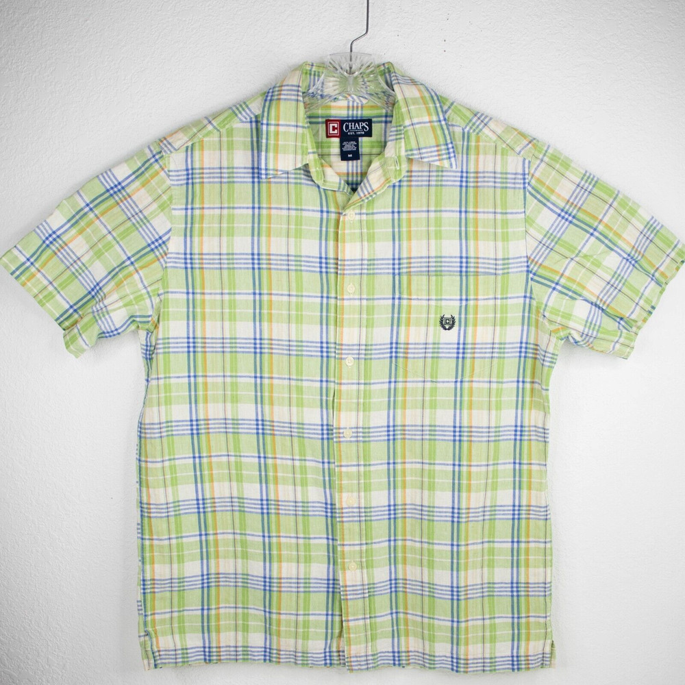 Chaps Short Sleeve Plaid Green Blue Button-Up Linen Cotton Shirt Mens SIZE M
